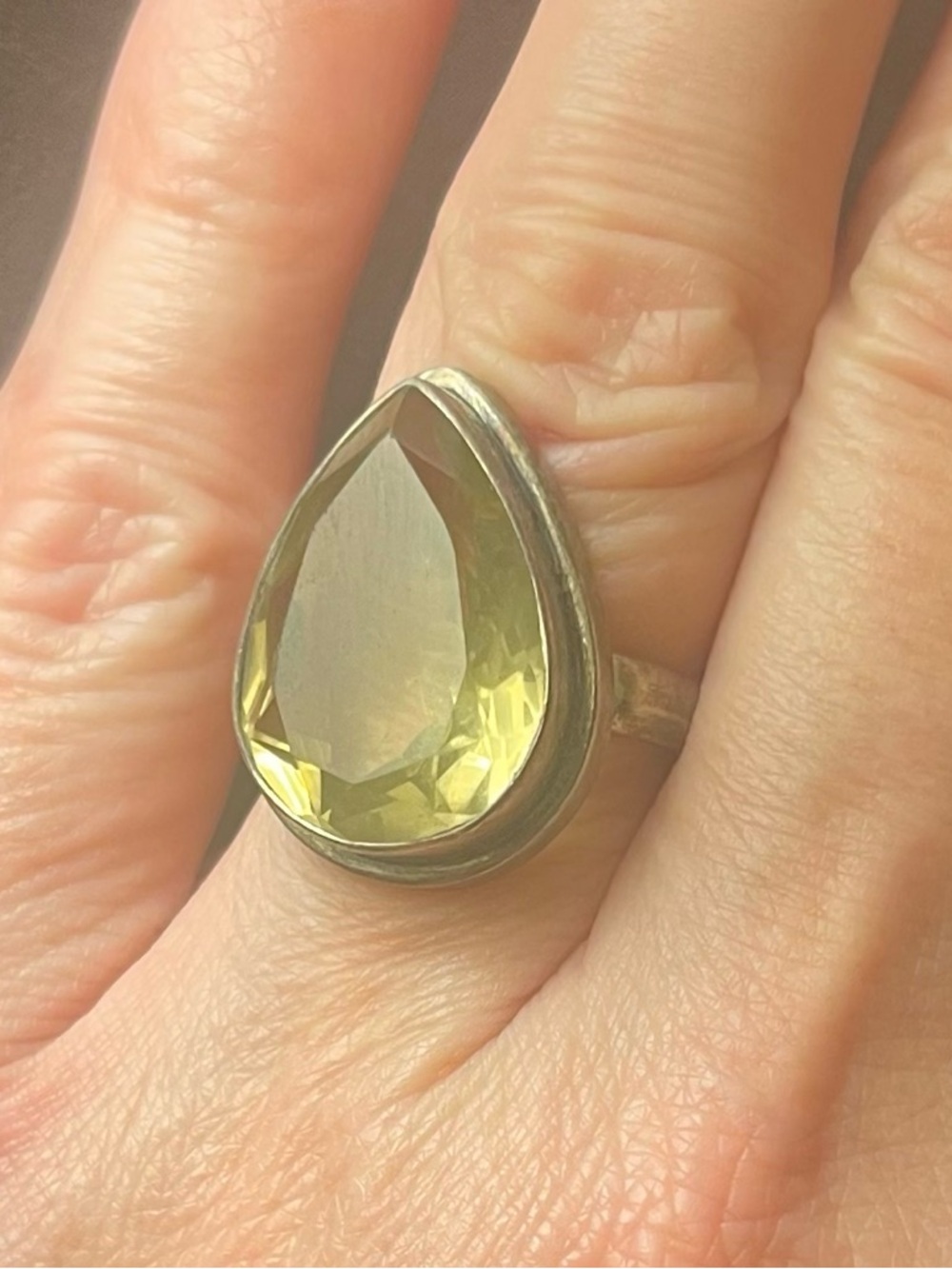 Size 7.5 - Sterling Silver Pear-Cut Lemon Quartz Ring - Yellow